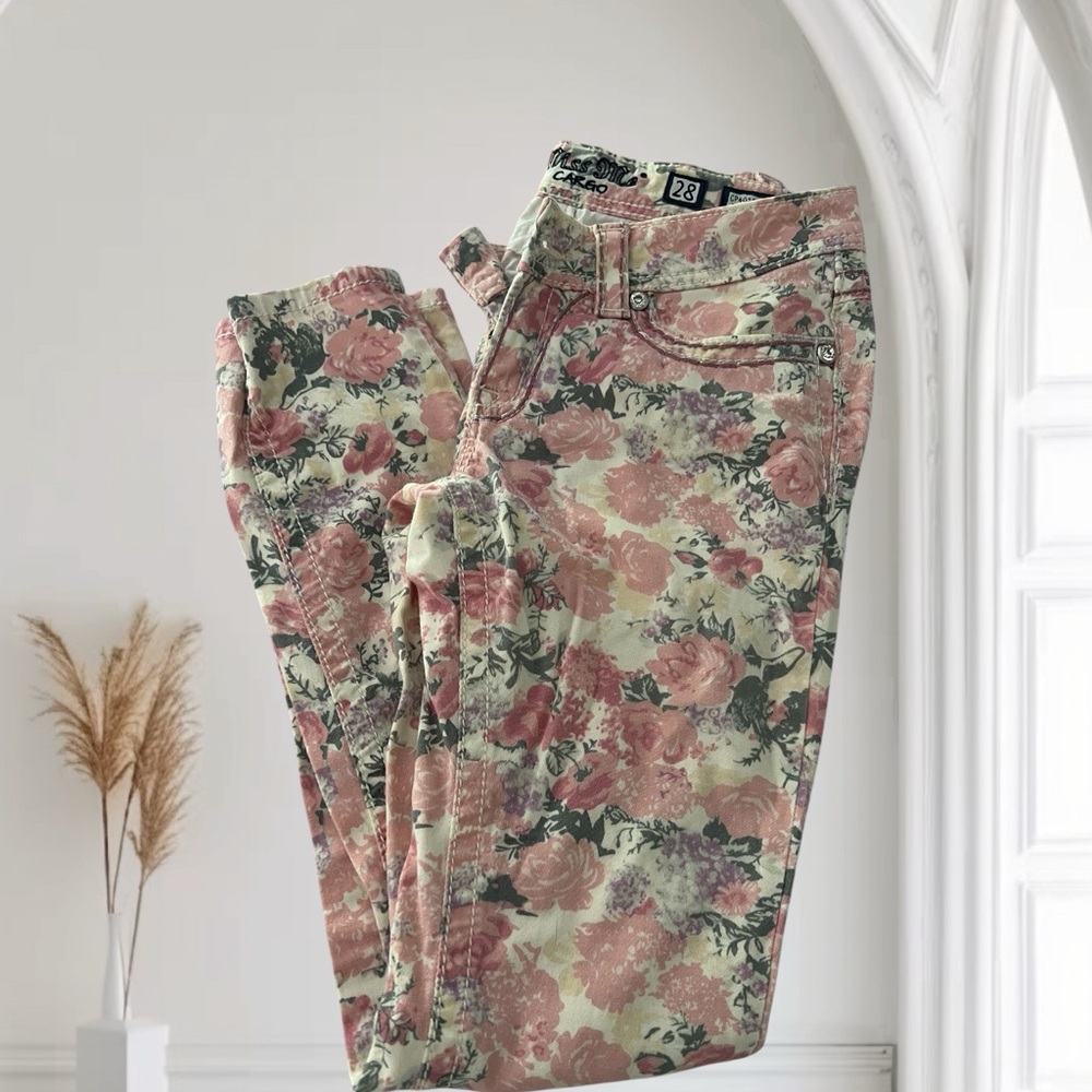 Miss Me Floral Skinny Jeans - Pink and Green Size 28 Cuff Skinny